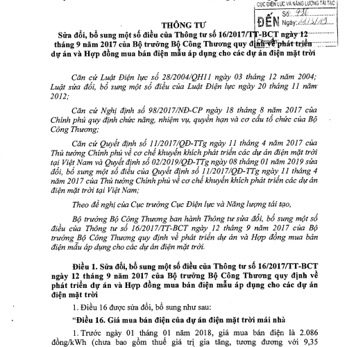 Thông tư số 05/2019/TT-BCT ngày 11/3/2019 quy định về phát triển dự án và hợp đồng mua bán điện mặt 